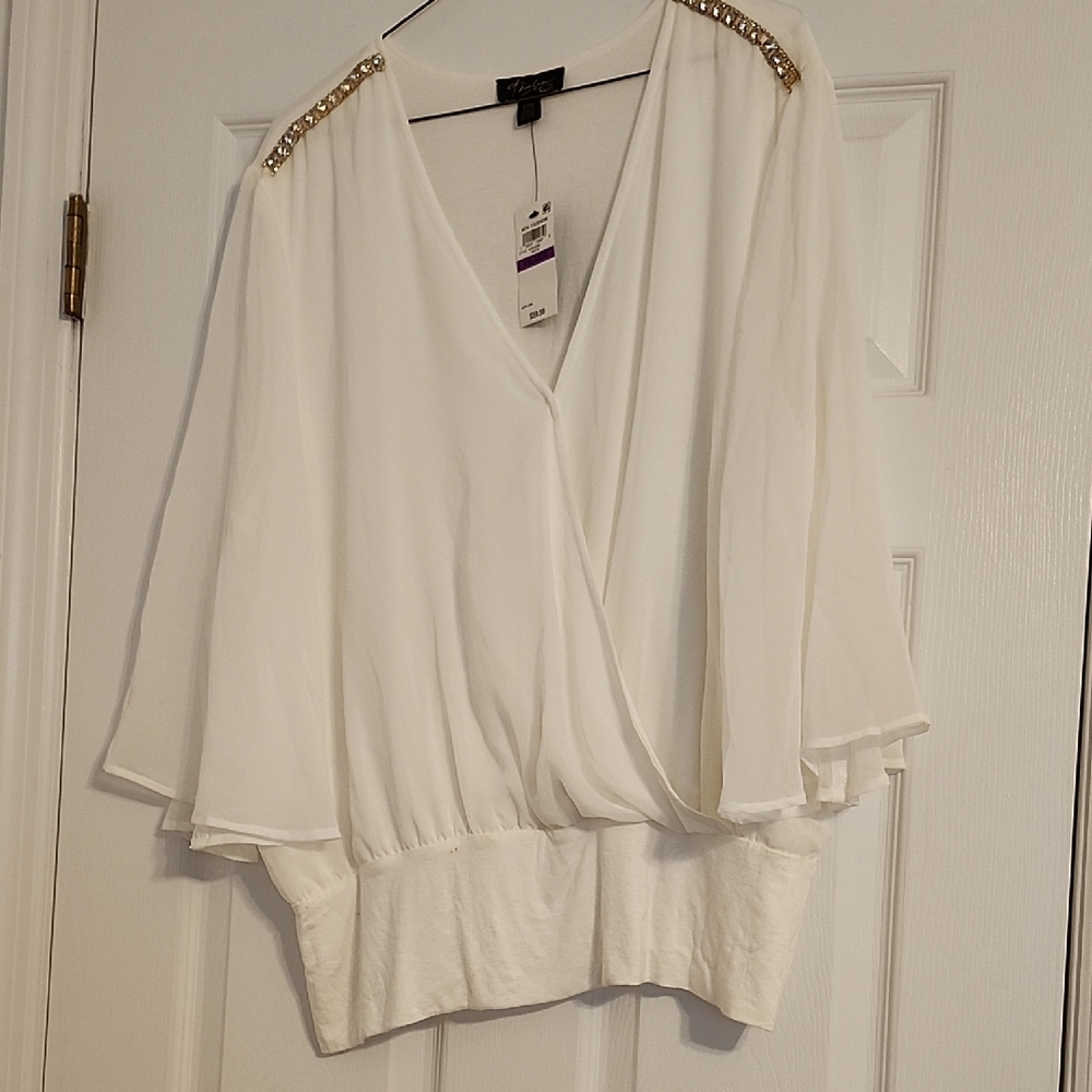 Vince Camuto White Blouse with Gold Shoulder Accents